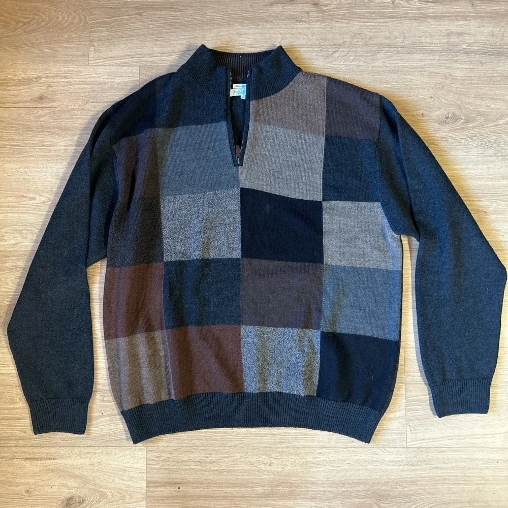 Alex Cannon‎ Mens XXL Quarter Zip Merino Wool Blend Patchwork Sweater